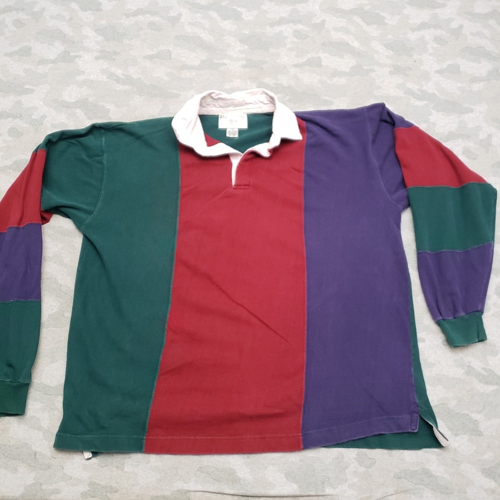 VTG Union Khaki Rugby Polo Shirt Mens XL Multicolor Long Sleeve Striped